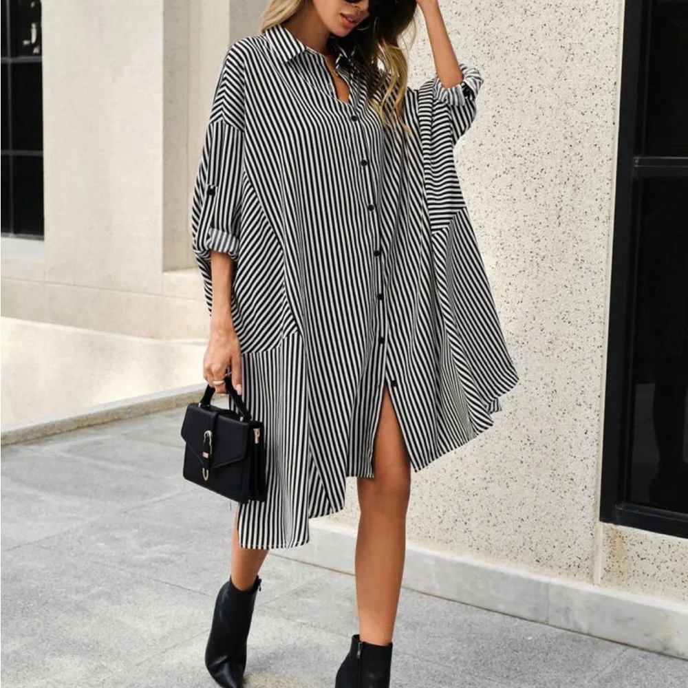 Oversized Loose Fit Striped Batwing Sleeve Asymmetrical Hem Button Shirt Dress - Picture 2 of 6